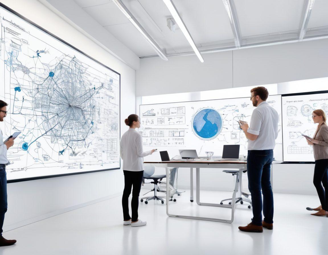 A vibrant and dynamic workspace filled with innovative research tools and technologies, featuring a diverse group of researchers brainstorming ideas around a digital whiteboard. Elements like 3D models, graphs, laptops, and creative sketches should be highlighted to symbolize innovation. The background should include a mix of nature and modern architecture, representing the harmony between creativity and scientific research. super-realistic. vibrant colors. white background.