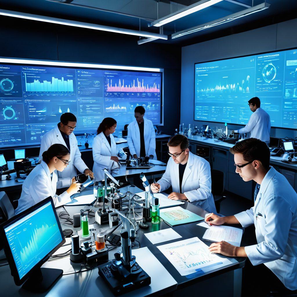 A modern laboratory filled with cutting-edge equipment, showcasing various tools like microscopes, test tubes, and high-tech instruments. In the foreground, a diverse group of researchers collaborate, exchanging ideas and examining results with enthusiasm. Bright light illuminates the space, highlighting the innovation atmosphere. The background features charts and graphs symbolizing scientific discovery. vibrant colors. super-realistic.