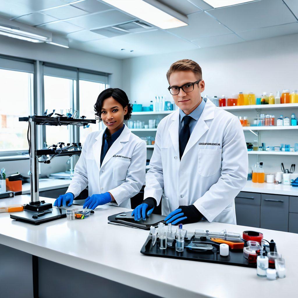 A bright, modern laboratory workspace filled with essential supplies including precision tools and safety equipment. Showcase a variety of high-tech instruments, colorful lab supplies, and personal protective gear, all organized on sleek countertops. Add a focused scientist in a lab coat, engaged in a task, against a backdrop of large windows letting in natural light. Include elements of innovation and safety with a clean, inviting atmosphere. super-realistic. vibrant colors. white background.